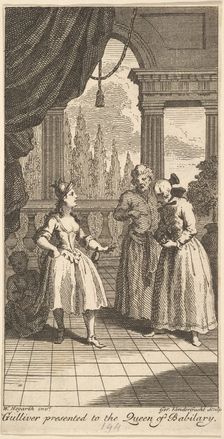Gulliver Presented to the Queen of Babilary, Frontispiece to "The Travels of Mr. ..., February 1730. Creator: Gerard Vandergucht