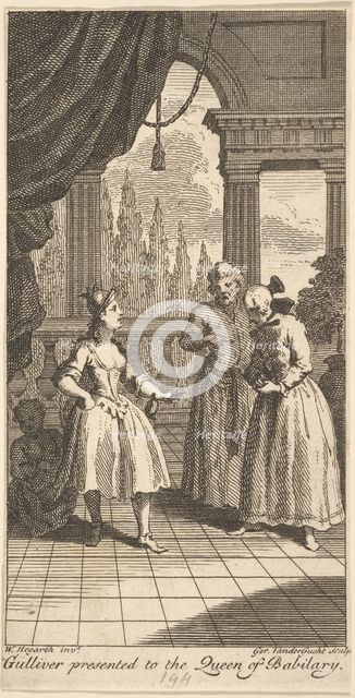 Gulliver Presented to the Queen of Babilary, Frontispiece to "The Travels of Mr. ..., February 1730. Creator: Gerard Vandergucht.