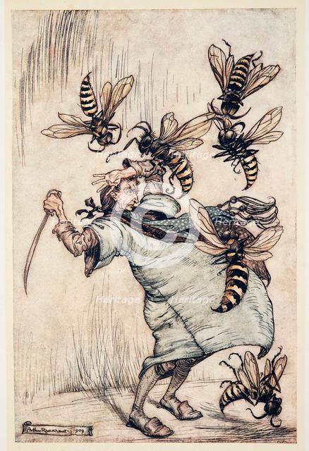 Gulliver's Combat with The Wasps, from Gulliver's Travels by Jonathon Swift (1667 - 1745), 1909.