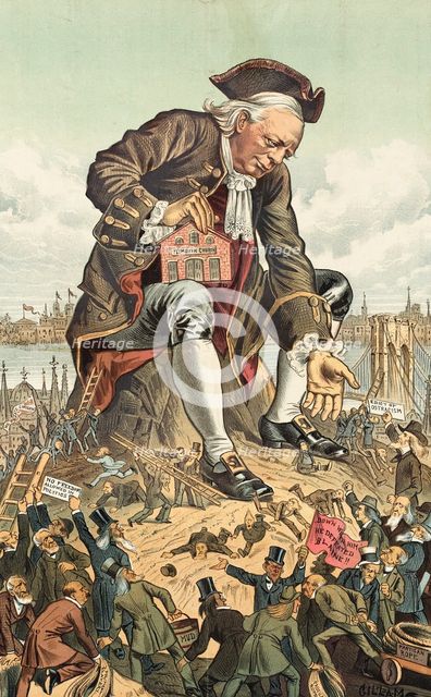 Gulliver und die Partei-Liliputaner.... Cartoon from Puck, 1885. Creator: Bernhard Gillam.