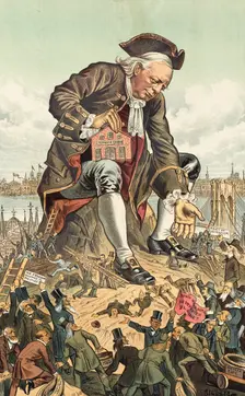 Gulliver und die Partei-Liliputaner.... Cartoon from Puck, 1885. Creator: Bernhard Gillam