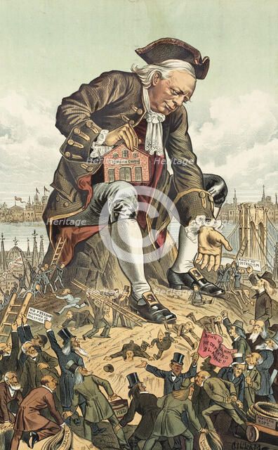 Gulliver und die Partei-Liliputaner.... Cartoon from Puck, 1885. Creator: Bernhard Gillam.