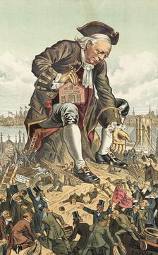 Gulliver und die Partei-Liliputaner.... Cartoon from Puck, 1885. Creator: Bernhard Gillam