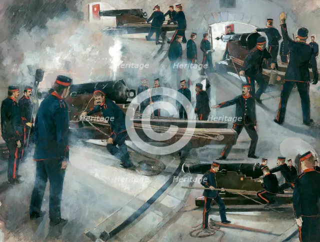 Gun crew, Dartmouth Point Battery casemates, Dartmouth Castle, late 19th century, (1990s).  Artist: Ivan Lapper.