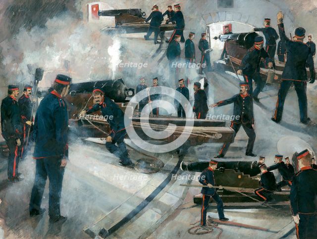 Gun crew, Dartmouth Point Battery casemates, Dartmouth Castle, late 19th century, (1990s).  Artist: Ivan Lapper.