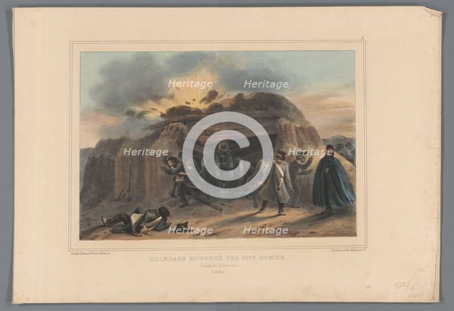 Gun emplacement hit by a bomb, 1832, (1833). Creator: Auguste Raffet.