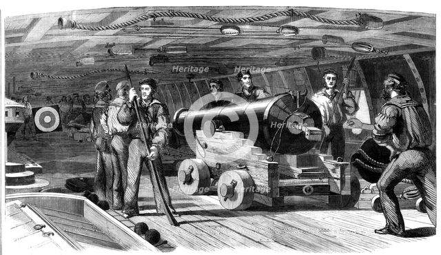 Gun practice on board H.M.S. "Brilliant", 1860. Creator: Unknown.