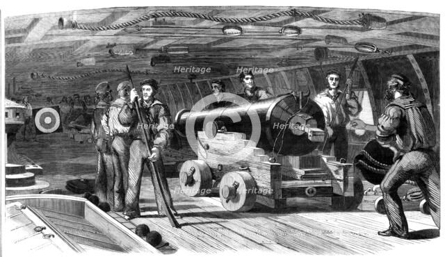 Gun practice on board H.M.S. "Brilliant", 1860. Creator: Unknown.