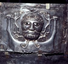 Gundestrup Cauldron, Celtic God holding two men, Danish, c100 BC