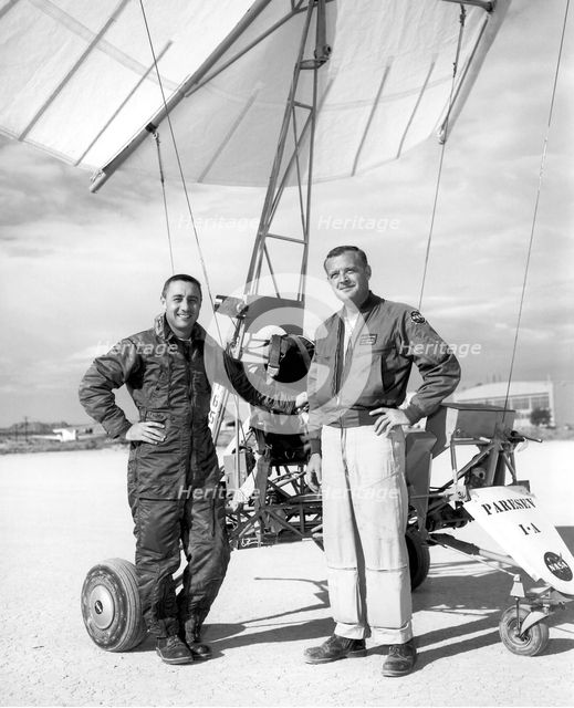 Gus Grissom and Milt Thompson with Paresev, California, USA, 1962.  Creator: NASA.