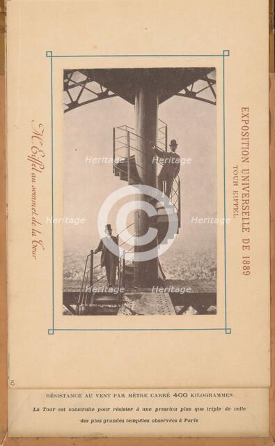 Gustave Eiffel and another man on top of the Eiffel Tower, 1889. Creator: Neurdein, Etienne (1832-1918).