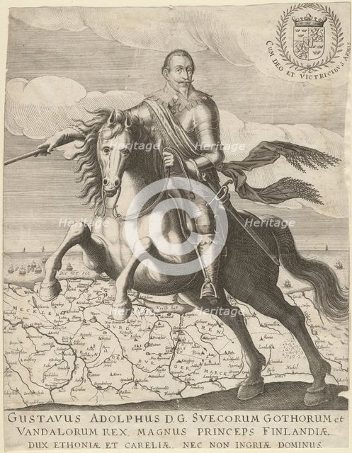Gustavus Adolphus before the map of Pomerania in the background, 1630. Artist: Anonymous  