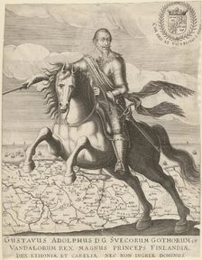 Gustavus Adolphus before the map of Pomerania in the background, 1630. Artist: Anonymous