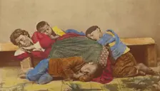 Gypsy mother and three children alseep on bench and ground, 1865-1870. Creator: Giorgio Conrad