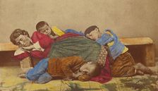 Gypsy mother and three children alseep on bench and ground, 1865-1870. Creator: Giorgio Conrad