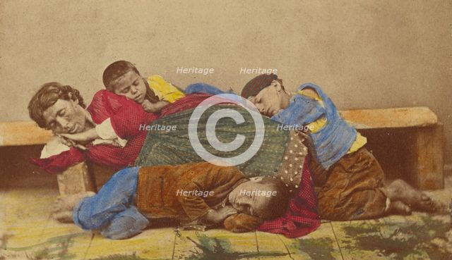 Gypsy mother and three children alseep on bench and ground, 1865-1870. Creator: Giorgio Conrad.