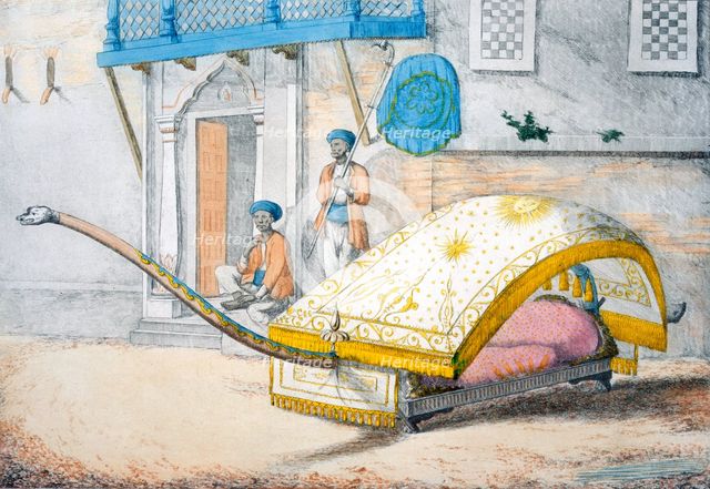 D'jehalledar, or canopied bed conveyance with extra-long front, 1799. Creator: Franz Balthazar Solvyns (1760-1824).