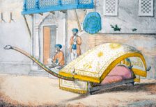 D'jehalledar, or canopied bed conveyance with extra-long front, 1799. Creator: Franz Balthazar Solvyns (1760-1824)