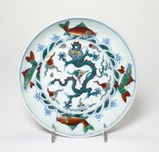 Doucai Dragon Dish, Qing dynasty (1644-1911), 18th/19th century. Creator: Unknown