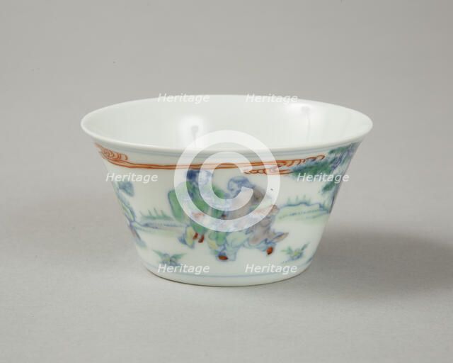 Doucai flared cup with two figures in a landscape, late Kangxi period (1700-1722). Artist: Unknown.