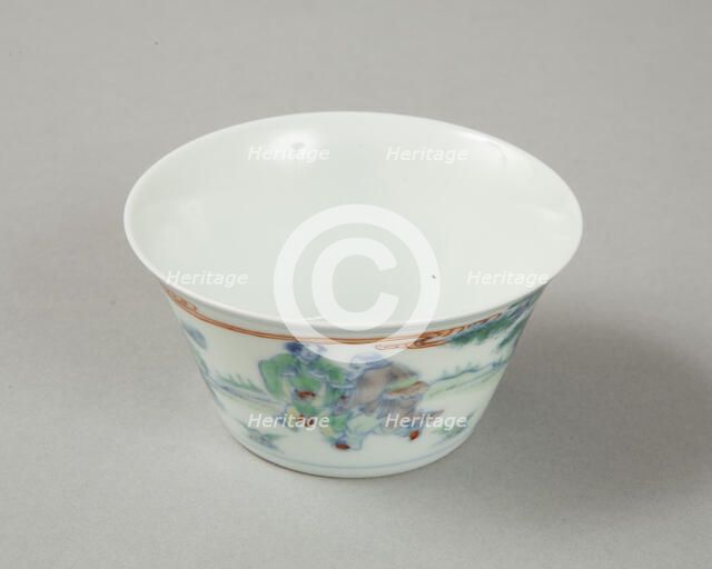 Doucai flared cup with two figures in a landscape, late Kangxi period (1700-1722). Artist: Unknown.