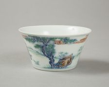 Doucai flared cup with two figures in a landscape, late Kangxi period (1700-1722)