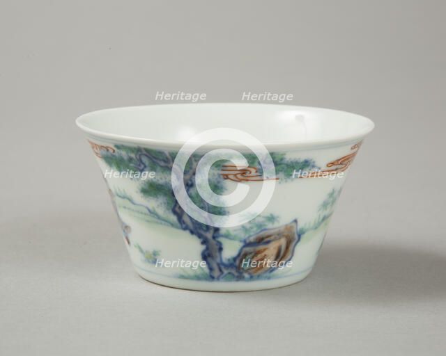 Doucai flared cup with two figures in a landscape, late Kangxi period (1700-1722). Artist: Unknown.