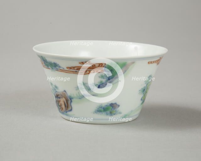 Doucai flared cup with two figures in a landscape, late Kangxi period (1700-1722). Artist: Unknown.