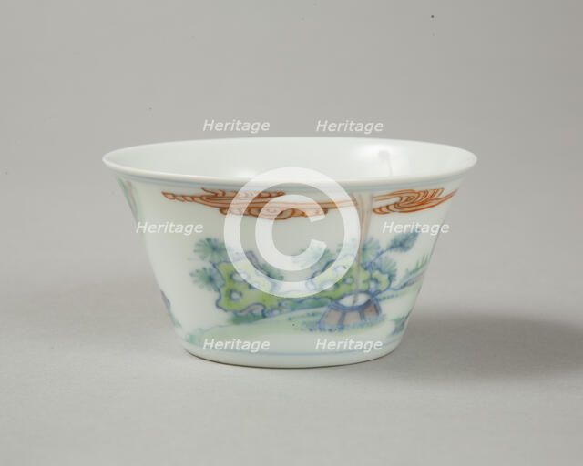 Doucai flared cup with two figures in a landscape, late Kangxi period (1700-1722). Artist: Unknown.