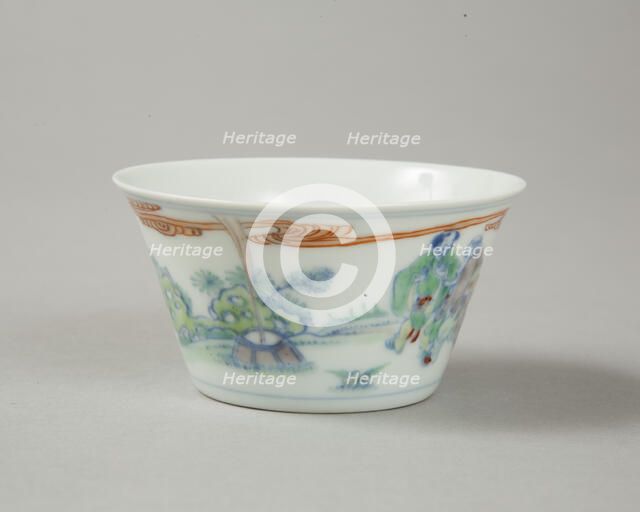 Doucai flared cup with two figures in a landscape, late Kangxi period (1700-1722). Artist: Unknown.