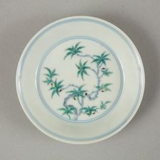 Doucai saucer with fruiting peach, late Kangxi period (1700-1722). Creator: Unknown