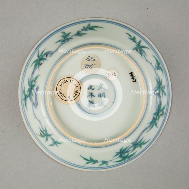 Doucai saucer with fruiting peach, late Kangxi period (1700-1722). Creator: Unknown.