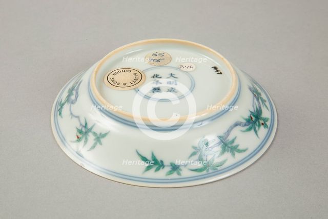 Doucai saucer with fruiting peach, late Kangxi period (1700-1722). Creator: Unknown.
