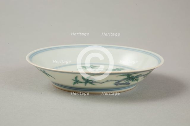 Doucai saucer with fruiting peach, late Kangxi period (1700-1722). Creator: Unknown.