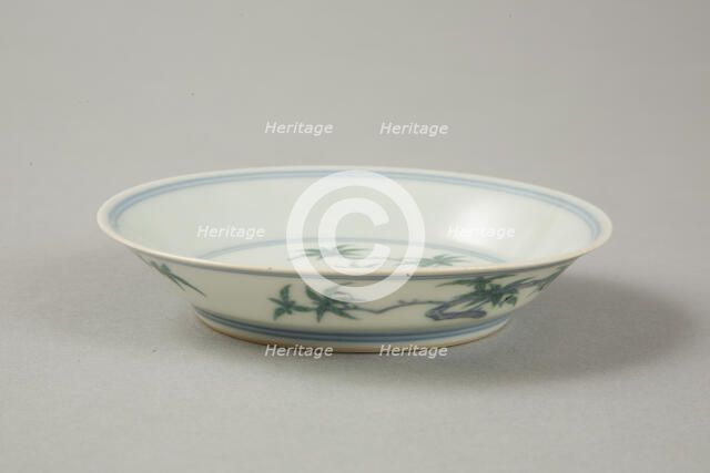 Doucai saucer with fruiting peach, late Kangxi period (1700-1722). Artist: Unknown.
