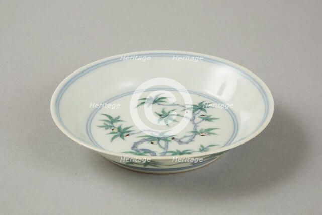 Doucai saucer with fruiting peach, late Kangxi period (1700-1722). Artist: Unknown.