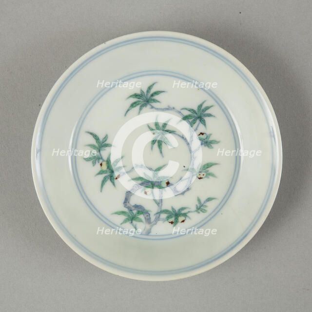 Doucai saucer with fruiting peach, late Kangxi period (1700-1722). Artist: Unknown.
