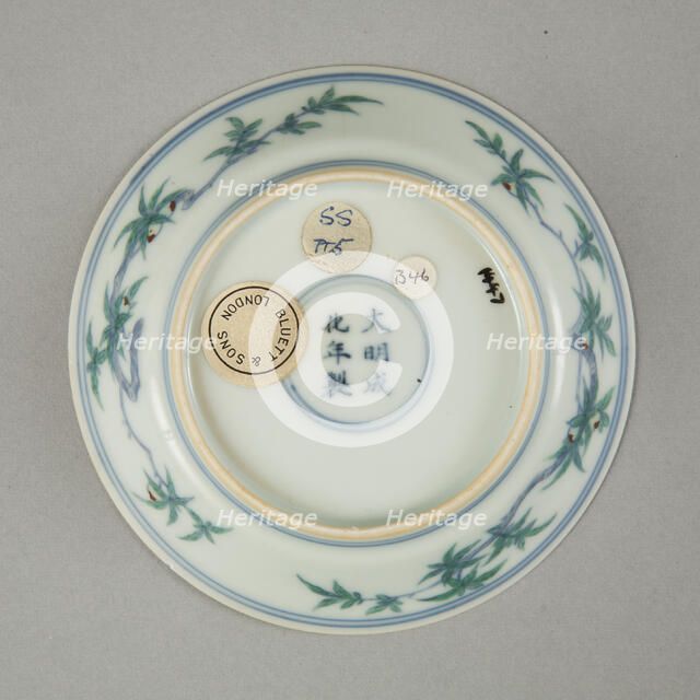 Doucai saucer with fruiting peach, late Kangxi period (1700-1722). Artist: Unknown.