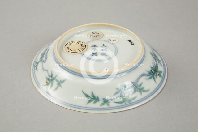 Doucai saucer with fruiting peach, late Kangxi period (1700-1722). Artist: Unknown.