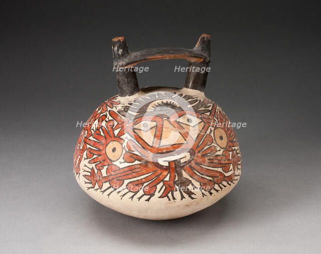 Doubnle Spout Vessel Depicing Ornametal Faces with Numerous Emanations, 180 B.C./A.D. 500. Creator: Unknown.