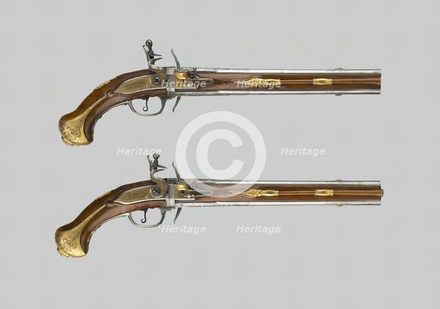 Double-Barrel Revolving Flintlock Holster Pistol (One of a Pair), Liège, 1720/30. Creator: Thomas Thiermay.