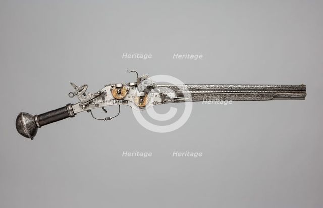 Double-Barreled, Double-Wheellock Pistol, German, Augsburg, ca. 1580. Creator: Unknown.