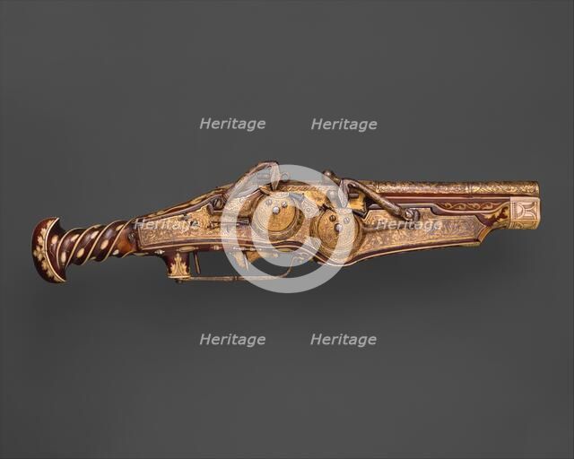Double-Barreled Wheellock Pistol Made for Emperor Charles V (reigned 1519-56), German, c1540-45. Creators: Peter Peck, Ambrosius Gemlich.