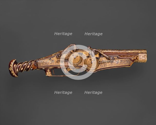 Double-Barreled Wheellock Pistol Made for Emperor Charles V (reigned 1519-56), German, c1540-45. Creators: Peter Peck, Ambrosius Gemlich.