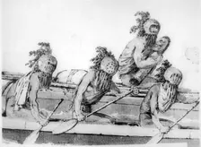 Double canoe with oarsmen, Hawaii, 18th century. Artist: John Webber