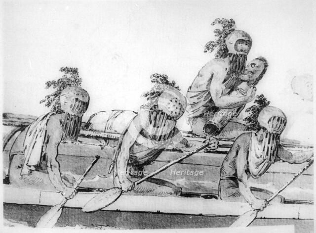 Double canoe with oarsmen, Hawaii, 18th century. Artist: John Webber