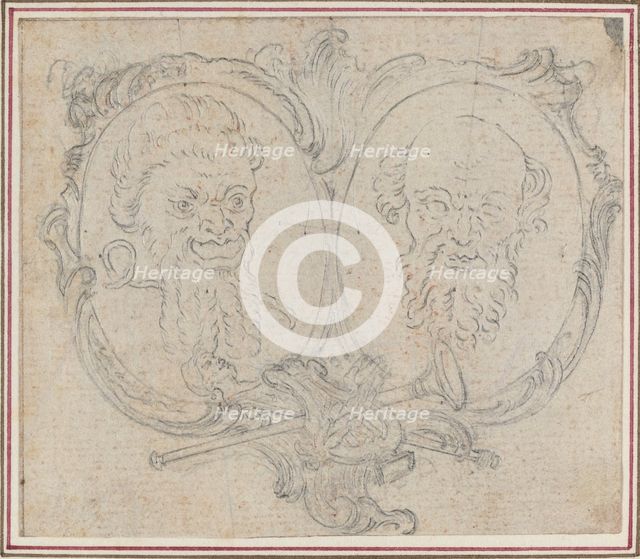 Double Cartouche with Two Heads and Symbols of Fame and Folly. Creator: Hubert Francois Gravelot.