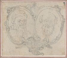 Double Cartouche with Two Heads and Symbols of Fame and Folly. Creator: Hubert Francois Gravelot