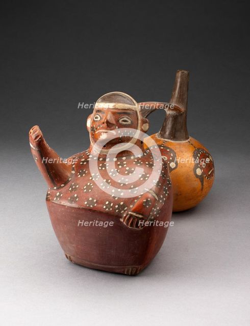 Double-Chambered Vessel Depicting a Figure and Trophy Heads, A.D. 500/800. Creator: Unknown.