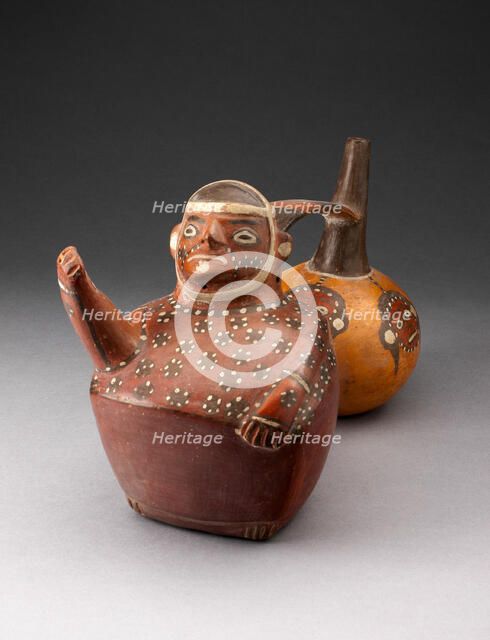 Double-Chambered Vessel Depicting a Figure and Trophy Heads, A.D. 500/800. Creator: Unknown.